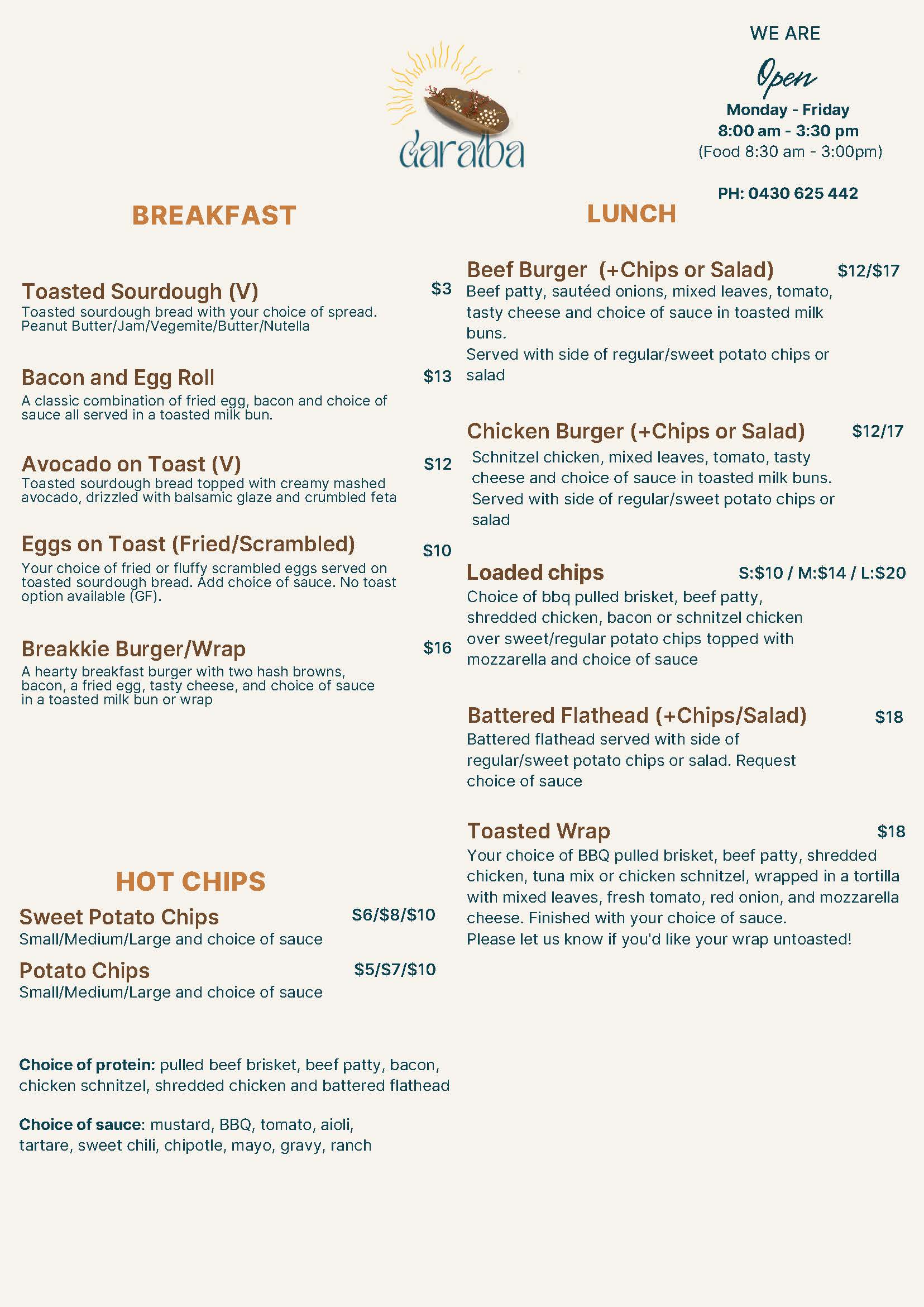 Page one of the daralba menu