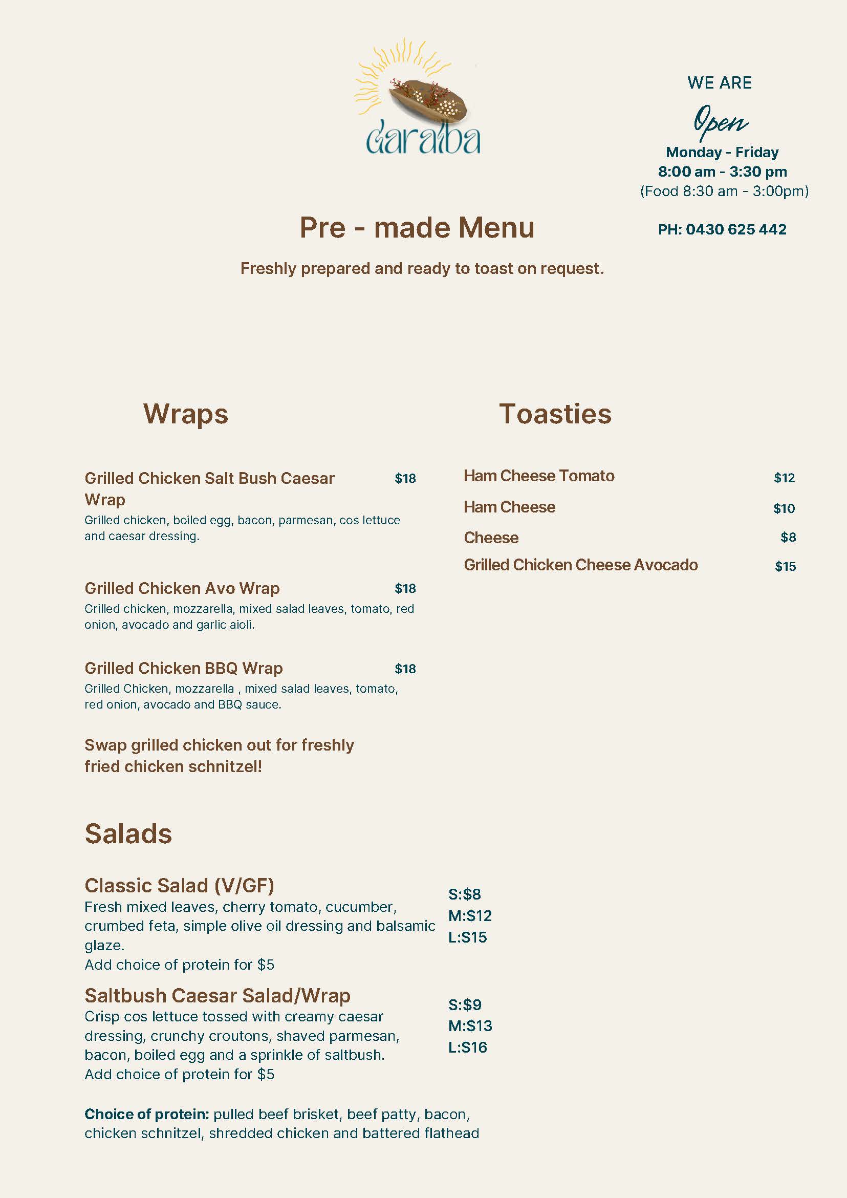 Page 2 of the Daralba kiosk menu